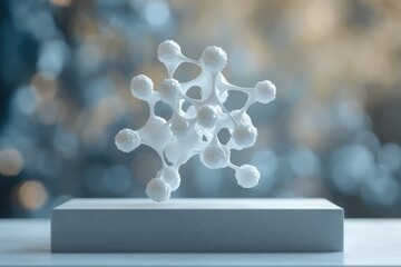 Fototapete - Abstract 3D rendering of a complex molecule structure,  floating above a white platform.