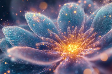 Poster - A mesmerizing digital art depicting a radiant, glittering flower with teal petals and a golden core.