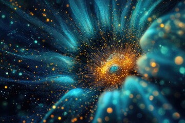 Fototapete - Abstract teal flower with golden center, glowing particles, digital art.