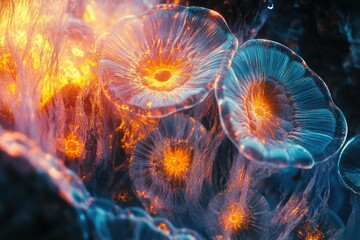 Aufkleber - Glowing, translucent bioluminescent flowers bloom in a fiery, ethereal landscape.
