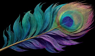 Wall Mural - painting style and soft-toned single lord krishna peacock feather on a plain black background, gener