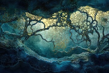 Poster - An ethereal, bioluminescent tree emerges from a deep, textured ocean, glowing with otherworldly light.