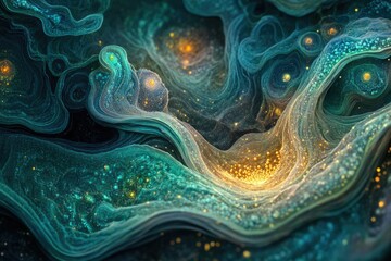 Fototapete - Abstract cosmic landscape with swirling teal and gold nebulae, resembling a vibrant ocean of stars.