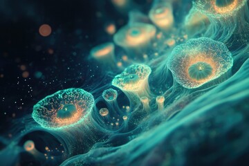 Poster - Glowing bioluminescent underwater organisms, intricate details, vibrant teal and orange hues.