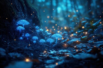 Poster - Glowing, bioluminescent mushrooms illuminate a dark forest at night, creating a magical, ethereal scene.