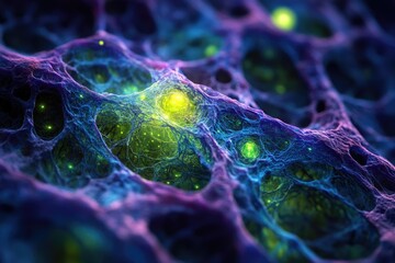 Fototapete - Abstract image depicting a complex network structure with glowing nodes, resembling a neural network or cellular structure.