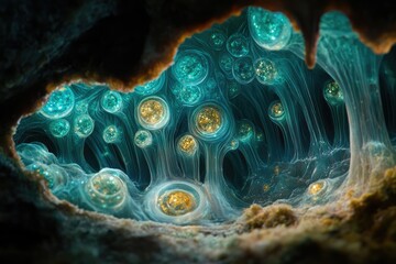 Leinwandbilder - A mesmerizing underwater cavern filled with glowing orbs and intricate filaments, creating a surreal and ethereal scene.