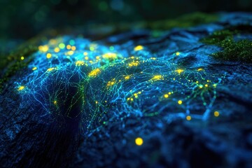 Leinwandbilder - Glowing blue and yellow network on a mossy surface, resembling neural pathways or bioluminescent organisms.