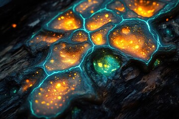 Poster - Glowing, alien-like rock formation with vibrant orange and teal hues, intricate details.