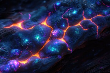 Aufkleber - Glowing, neon-colored lava flows through dark, textured rock, creating a vibrant and surreal landscape.