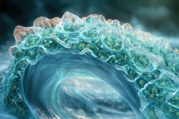 Aufkleber - Microscopic wave-like structure with numerous encapsulated cells, possibly representing a biological process or organism.
