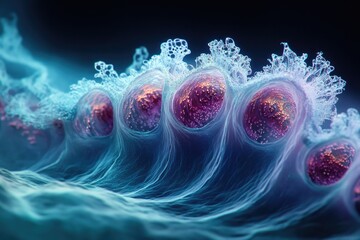 Poster - Abstract cellular structure with vibrant, glowing spheres nestled within a wave-like, translucent membrane.