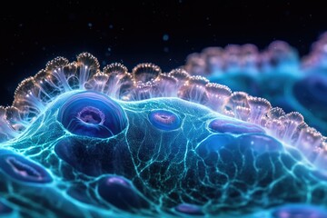 Leinwandbilder - Microscopic view of vibrant, bioluminescent organism with intricate structures and glowing cilia.