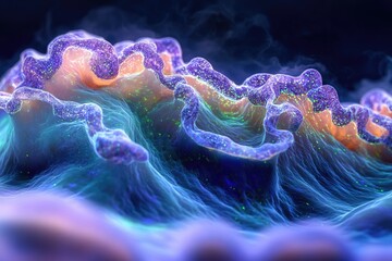 Poster - Abstract bioluminescent waves, vibrant colors, intricate textures, resembling a microscopic view of a living organism.