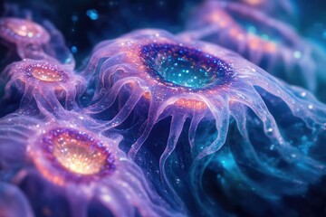 Leinwandbilder - Glowing, bioluminescent alien sea life, vibrant purple and teal, intricate details, surreal underwater scene.