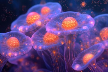 Aufkleber - Glowing bioluminescent mushrooms in a dark, fantasy forest. Vibrant colors and intricate details.