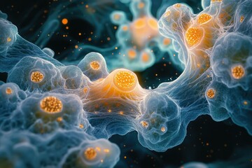 Leinwandbilder - Microscopic view of intricate cellular structures, showcasing complex networks and organelles with vibrant colors.