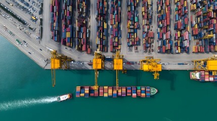 Poster - A busy logistics port in action with colorful shipping containers stacked high and a large cargo ship in the foreground showcasing the global trade and transportation industry