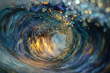 Aufkleber - A mesmerizing view inside a crashing wave, showcasing vibrant teal, gold, and sparkling bubbles.