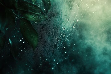 Poster - Dew-kissed spiderweb glistening in the dark, mysterious ambiance of a lush green forest.