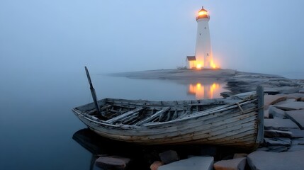 Aufkleber - An abandoned wooden boat sits stranded on the rocks its weathered hull silhouetted against the glowing beacon of a lighthouse emerging from the mysterious