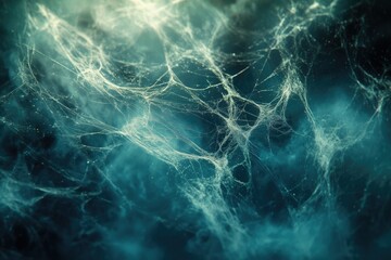 Poster - Intricate spiderweb, ghostly white threads against a dark teal background, creating an eerie and mysterious atmosphere.
