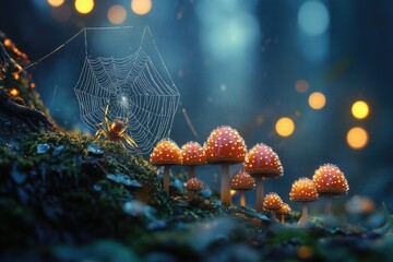 Poster - Enchanted forest scene with a spider on its web near glowing mushrooms.