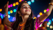 © Maksym - The young girl, in her traditional Diwali attire, dances under the colorful lights of the Puja Pandal, with the night sky above her filled with lights and joy as she celebrates the