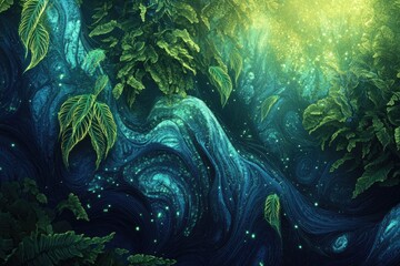 Fototapete - Enchanted forest, swirling teal and emerald hues, luminous leaves, magical atmosphere.