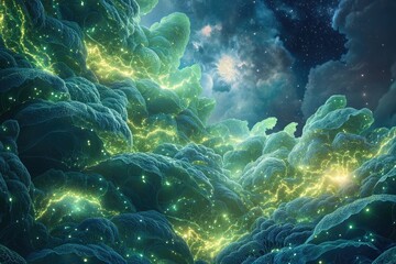 Poster - Glowing, bioluminescent landscape resembling a nebula or alien world, vibrant greens and blues.