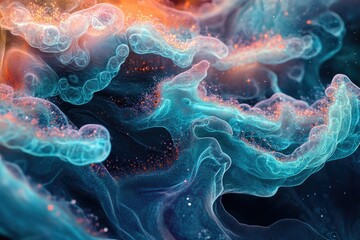 Aufkleber - Abstract digital art depicting ethereal, glowing teal and orange formations resembling nebulae or microscopic organisms.