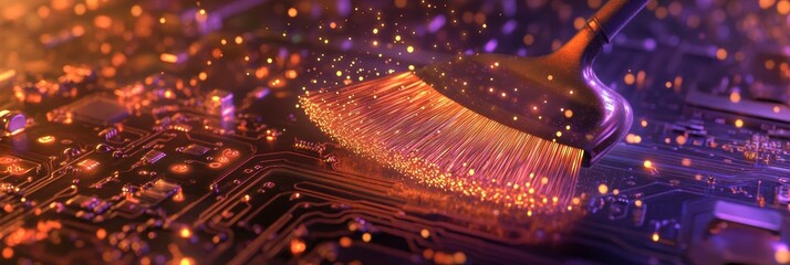 Fototapete - Futuristic cleaning: broom sweeping glowing data particles on circuit board background technology maintenance and digital cleaning concept for website banner