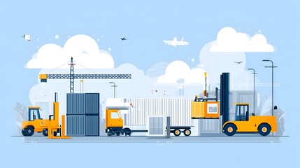 Poster - Busy industrial freight terminal with stacks of shipping containers forklifts and cranes transporting cargo in a clean urban landscape