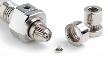 Poster - Close up image showcasing the intricate metal construction and internal mechanisms of a coaxial cable connector revealing its technical engineering design