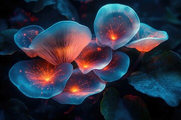 Poster - Glowing bioluminescent mushrooms illuminate a dark forest, creating a magical scene.