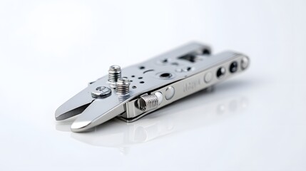 Aufkleber - Close up of a metal hole puncher tool with intricate mechanisms and a sharp focused appearance against a clean white background