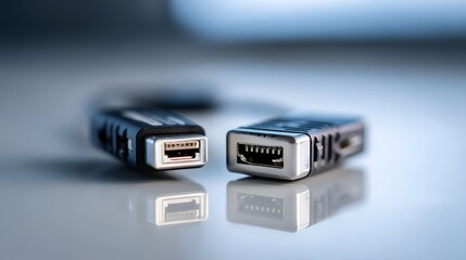 Poster - Close up of a sleek black dual USB C to HDMI adapter showcasing a compact minimalist design suitable for a professional studio setup