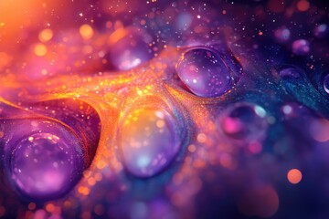 Fototapete - Abstract cosmic landscape with vibrant, glowing orbs and shimmering particles in purple, orange, and blue.