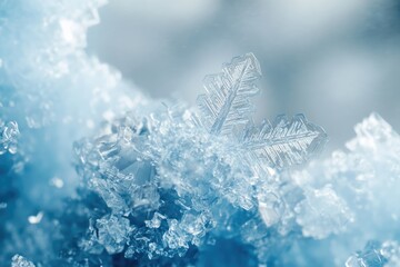 Poster - Intricate ice crystal, a snowflake, rests on a bed of snow, showcasing its delicate, symmetrical structure.