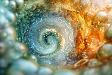Poster - Abstract swirling vortex of teal and gold, textured with glistening bubbles and shimmering particles.
