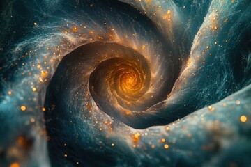 Fototapete - A mesmerizing spiral galaxy, swirling teal and gold, evokes cosmic wonder and infinite depth.