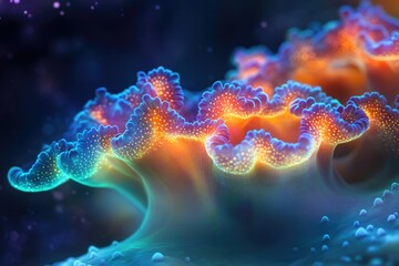 Poster - Vibrant, bioluminescent coral polyps glow with intricate detail in a mesmerizing underwater scene.