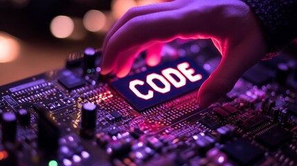 Fototapete - Coding concept with human hand over illuminated circuit board showing software code development abstract for programmers and developers 