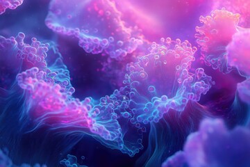 Poster - Abstract digital art depicting vibrant, bioluminescent, coral-like structures in a mesmerizing purple and blue ocean.