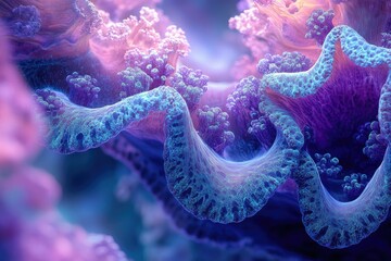 Poster - Vibrant underwater coral reef with intricate textures and glowing purple and blue hues.