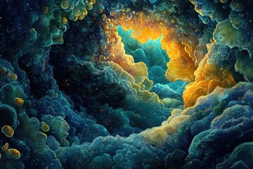 Poster - A mesmerizing underwater scene with vibrant coral reefs, glowing bubbles, and a mystical, luminous ambiance.