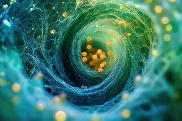 Leinwandbilder - Microscopic view of intricate cellular network with vibrant teal and gold spheres at its core.