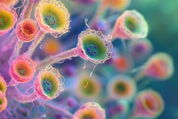 Poster - Microscopic, vibrant, colorful structures resembling flowers with intricate details, possibly cellular or fungal in nature.