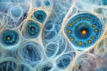 Poster - Intricate web-like structure with vibrant blue circular elements, resembling a microscopic organism or abstract art.