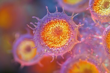 Leinwandbilder - Microscopic view of vibrant, spiky cells, possibly immune cells or pathogens, in a complex network.